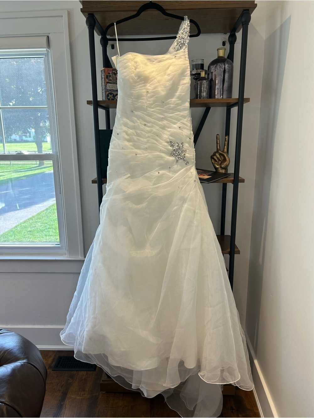 Mori Lee White One-Shoulder Wedding Dress with Beaded Accent